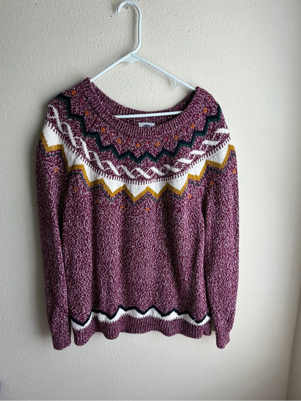 Old Navy Plum Fair Isle Crewneck Sweater with Mustard & Dark Green Accents
